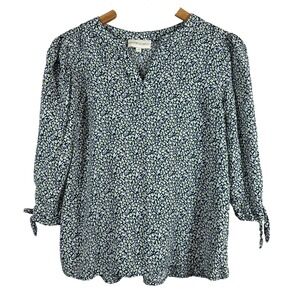 Cynthia Rowley Women's Blouse Green Floral 3/4 Sleeves Tie‎ V Neck Size S